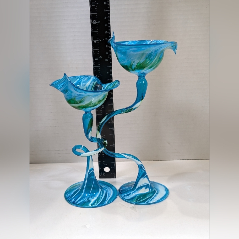 Vintage Hand Blown Glass Flame Glow by Penco Pair of 2 Candlesticks - Picture 4 of 8